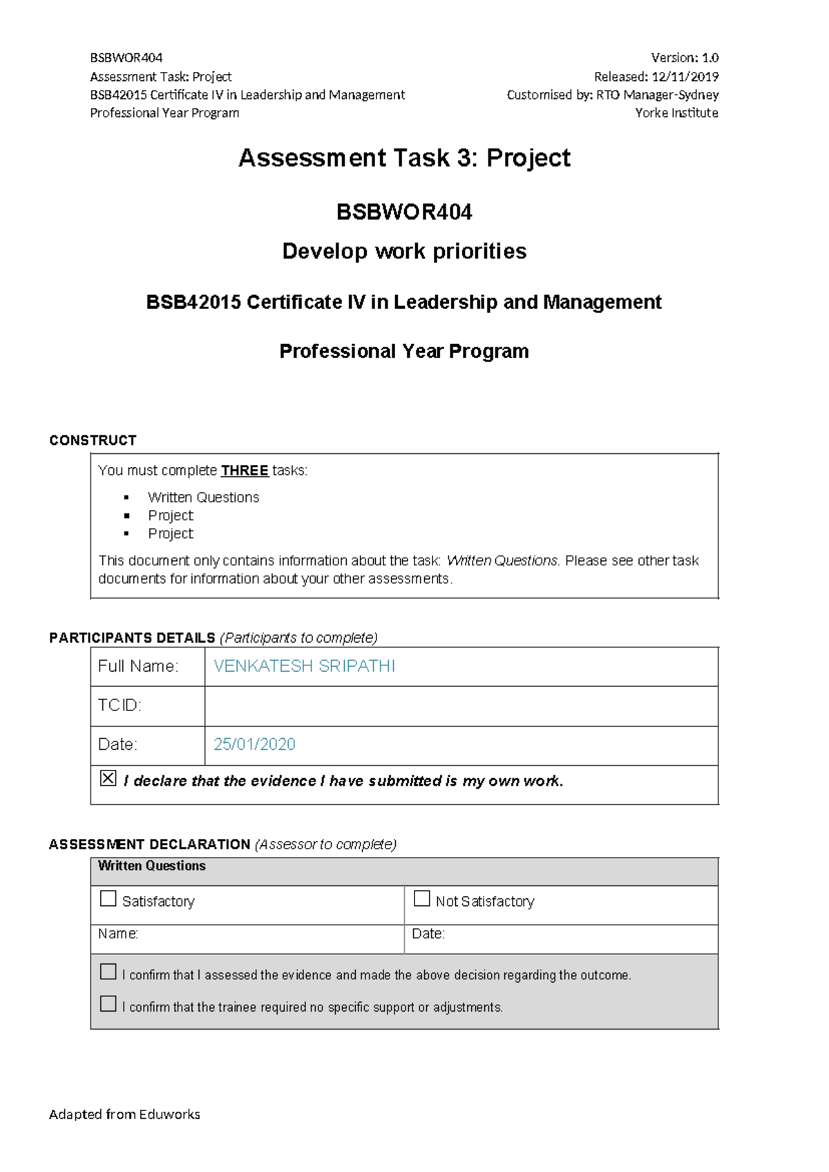 Assessment Task Cover sheet Bsbwor 404 Assessment Task 3 - Assessment ...