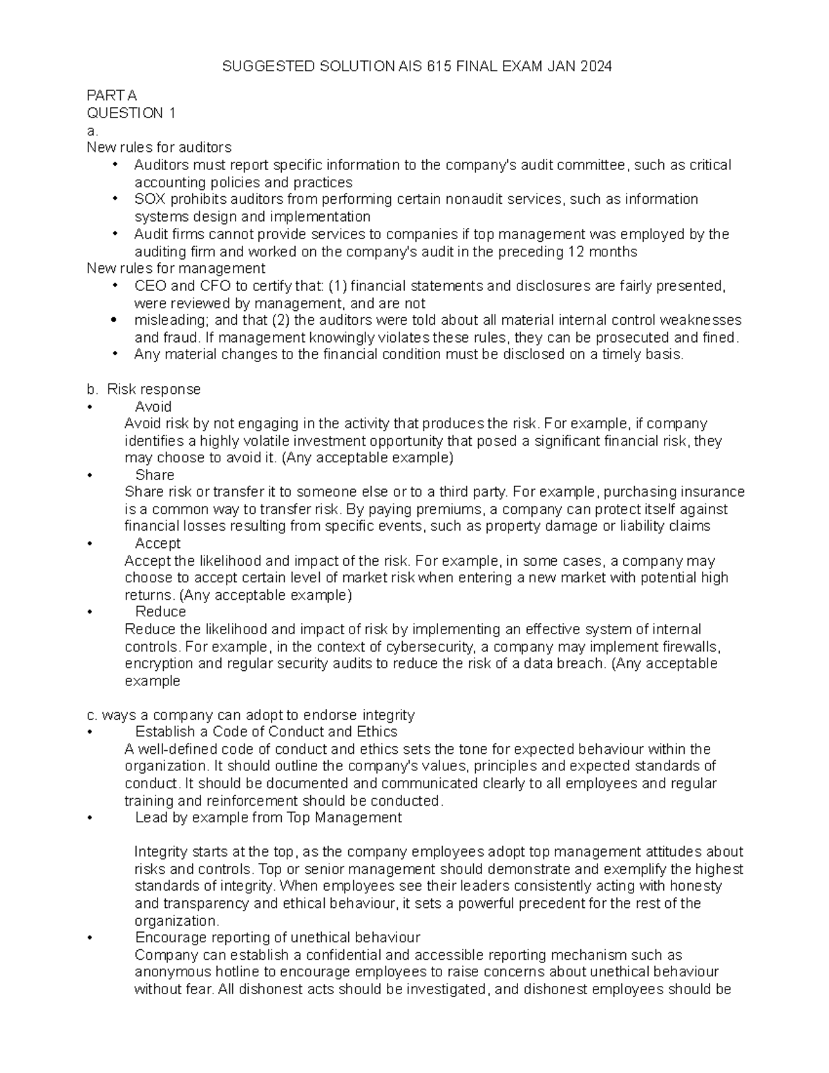 Suggested solution for AIS 615 final exam January 2024 part A and B ...