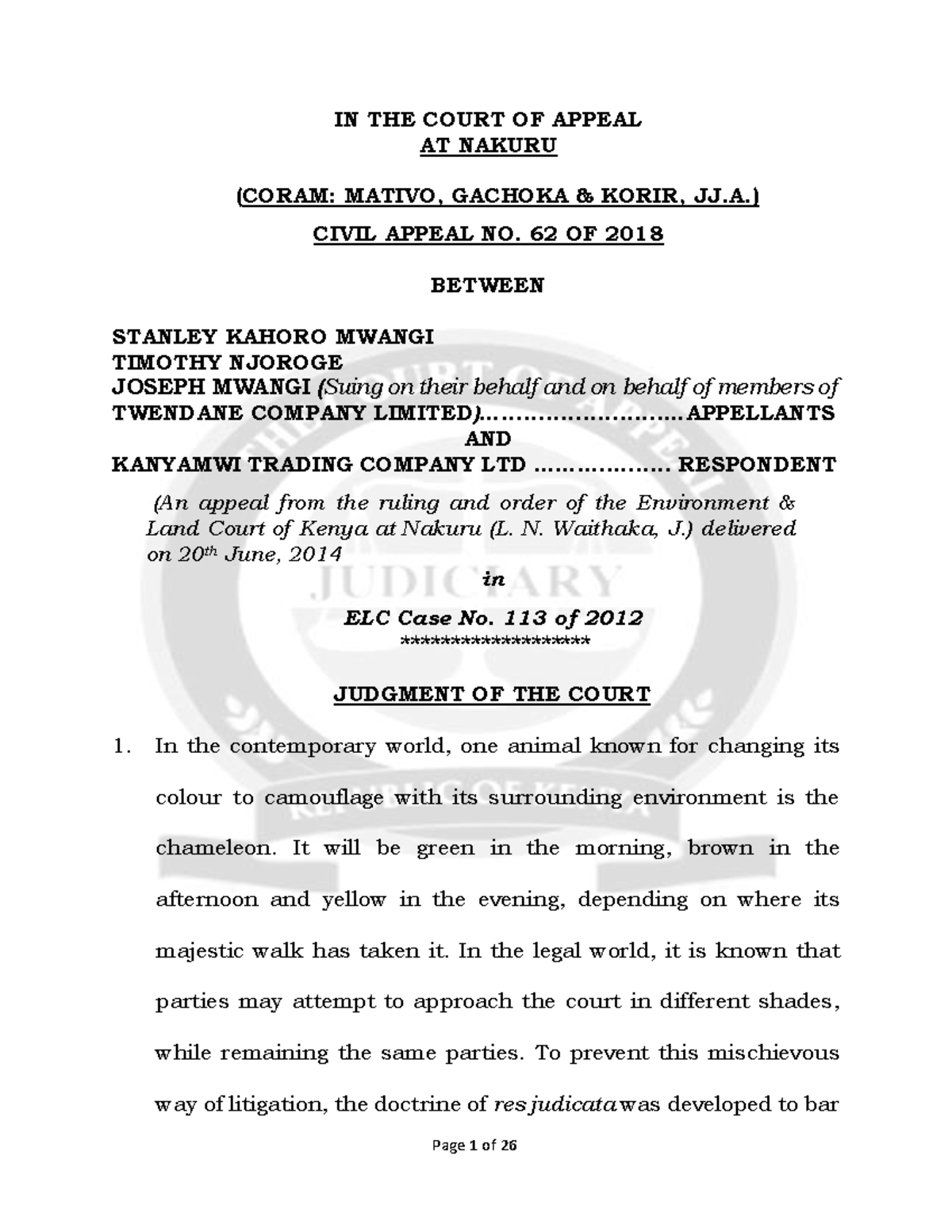 Civil Appeal No. 62 of 2018: Res Judicata in Land Dispute Case - Studocu