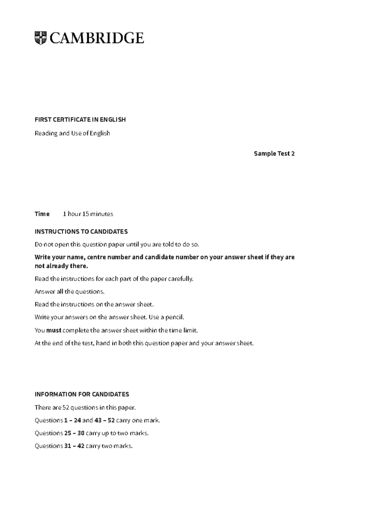 B2 First Practice Test: Reading and Use of English Sample Exam - Studocu