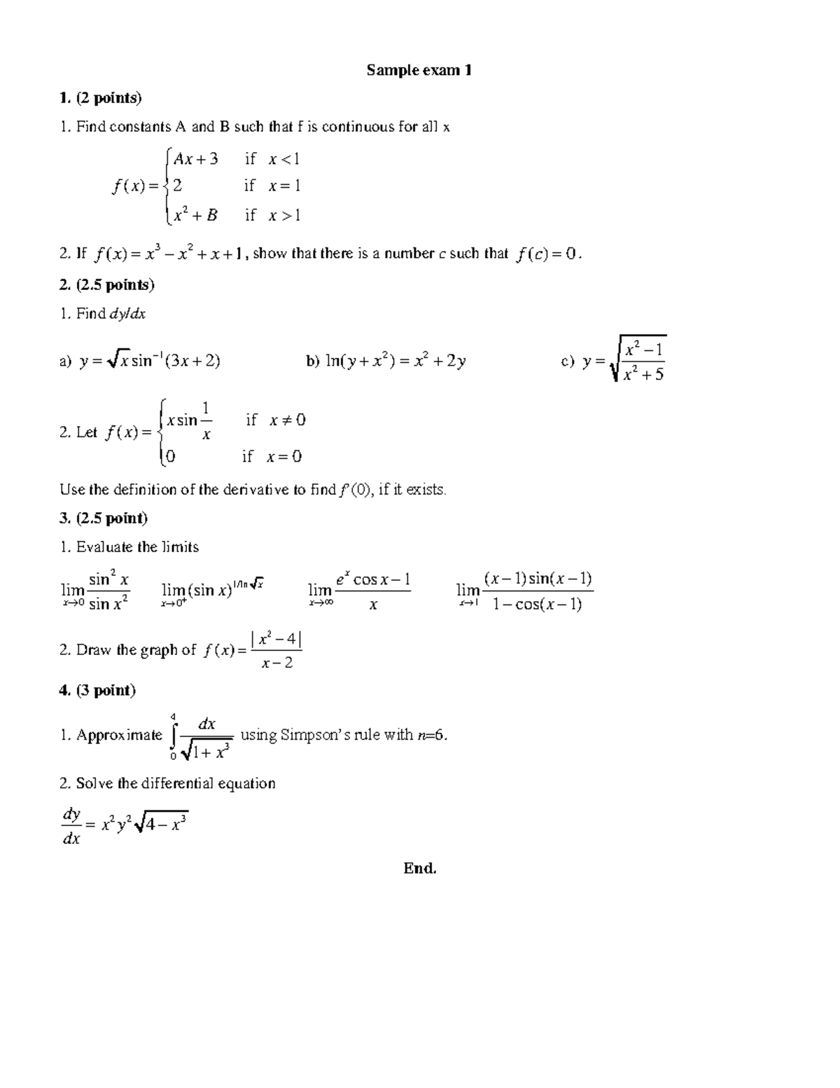 Calculus 1 Final Exam Solutions - MATH141601E - Studocu