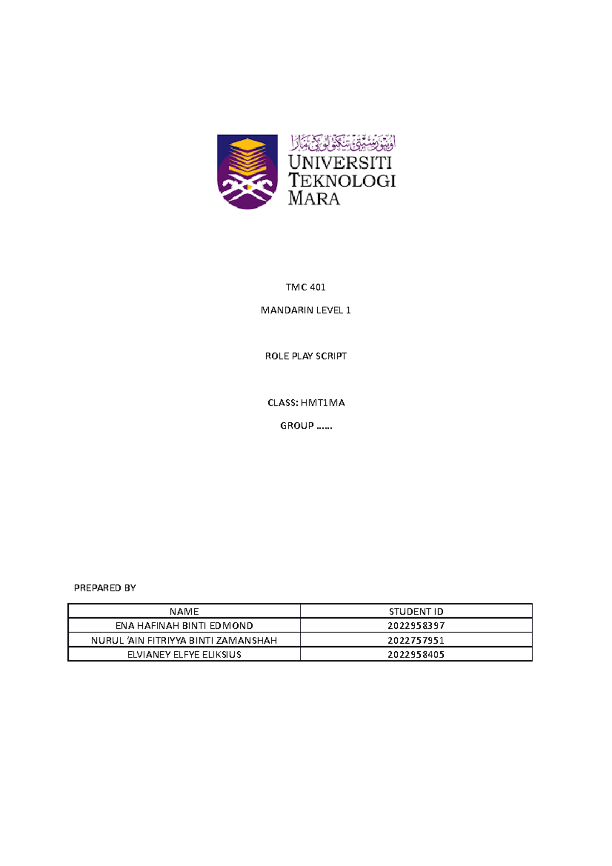 TMC 401 Mandarin Level 1 Roleplay Script for HMT1MA Class - Studocu