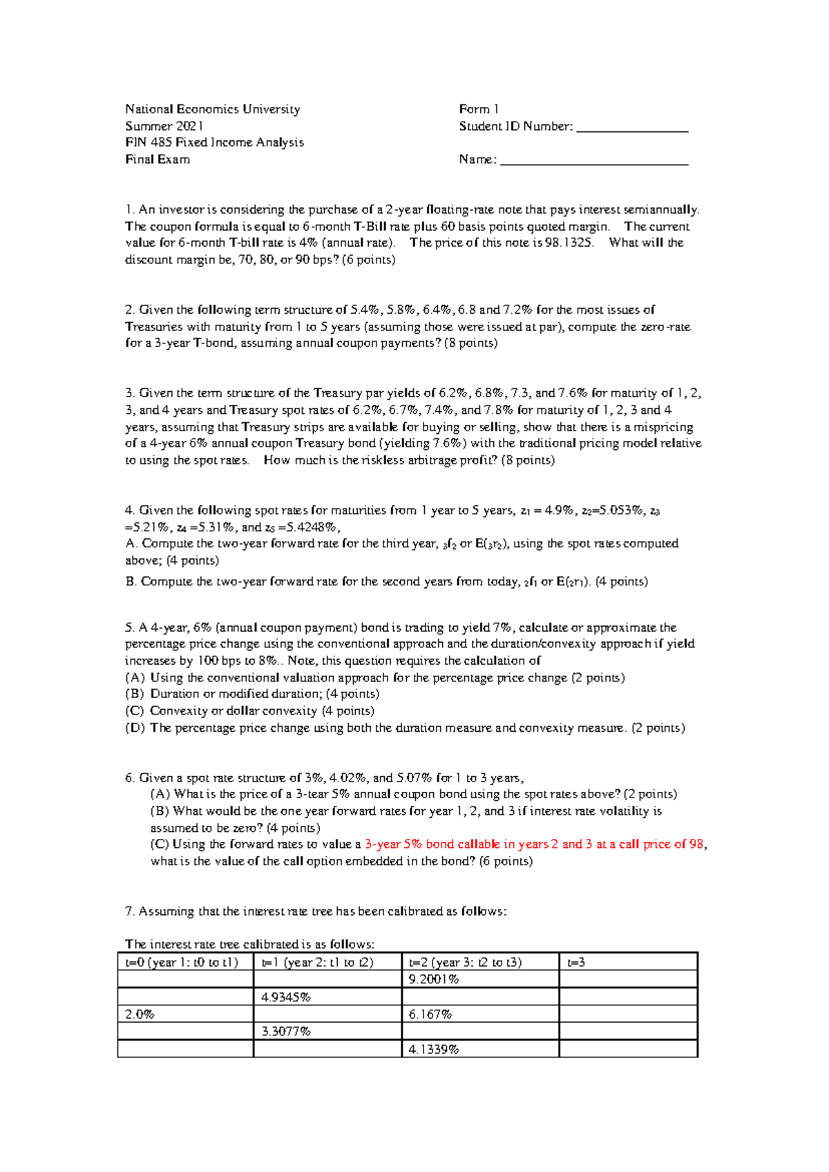 FIN 485 Fixed Income Analysis Final Exam - Summer 2021 - Studocu