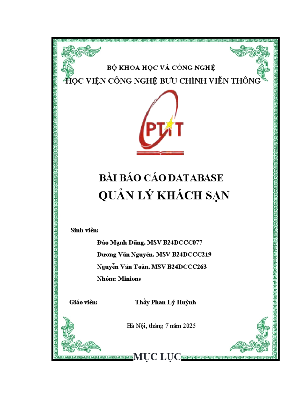 BÁO CÁO ĐỀ TÀI DATABASE QUẢN LÝ KHÁCH SẠN - Nhóm Minions - Studocu