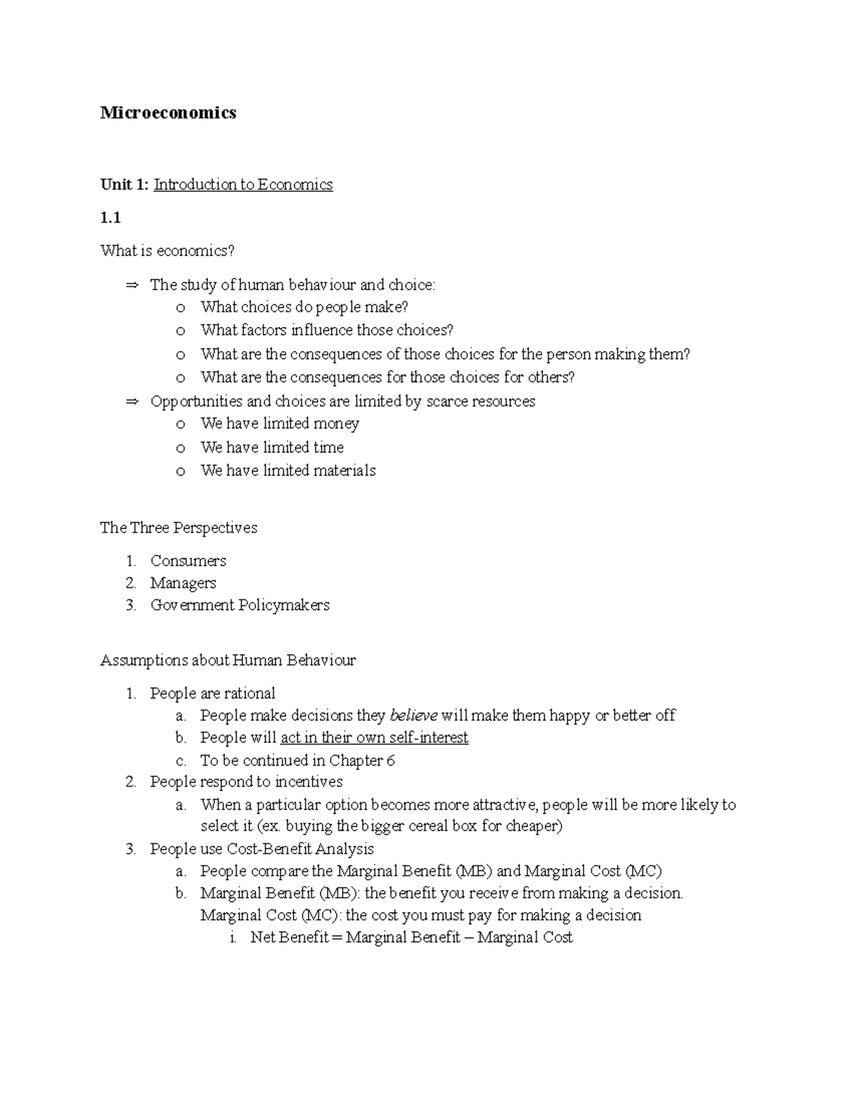 Microeconomics Lecture Notes: Units 1-4 Overview and Key Concepts - Studocu