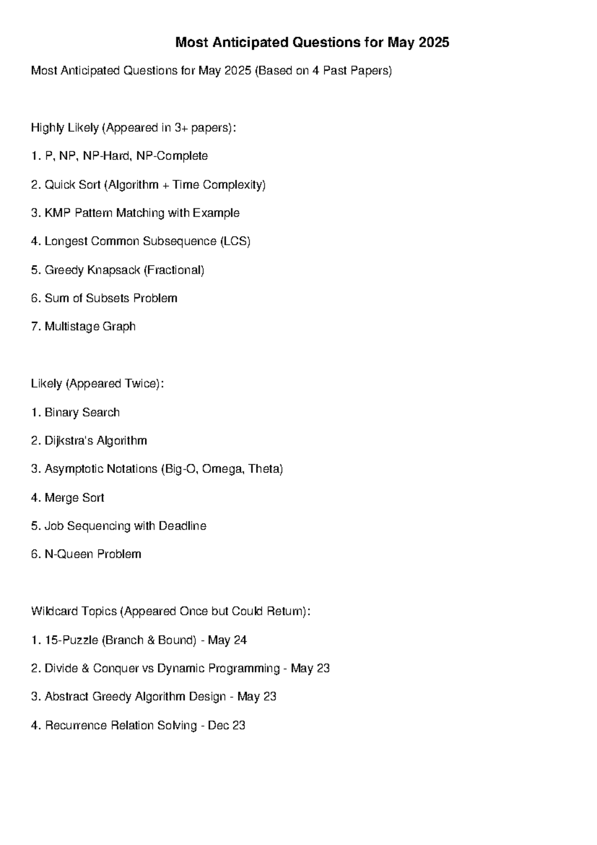 Anticipated Questions for CS 101 Final Exam - May 2025 - Studocu