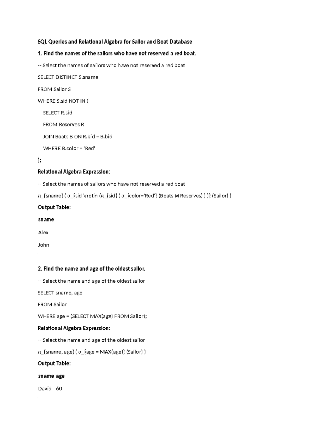 SQL Queries and Relational Algebra for Sailor & Boat DB (CS101) - Studocu