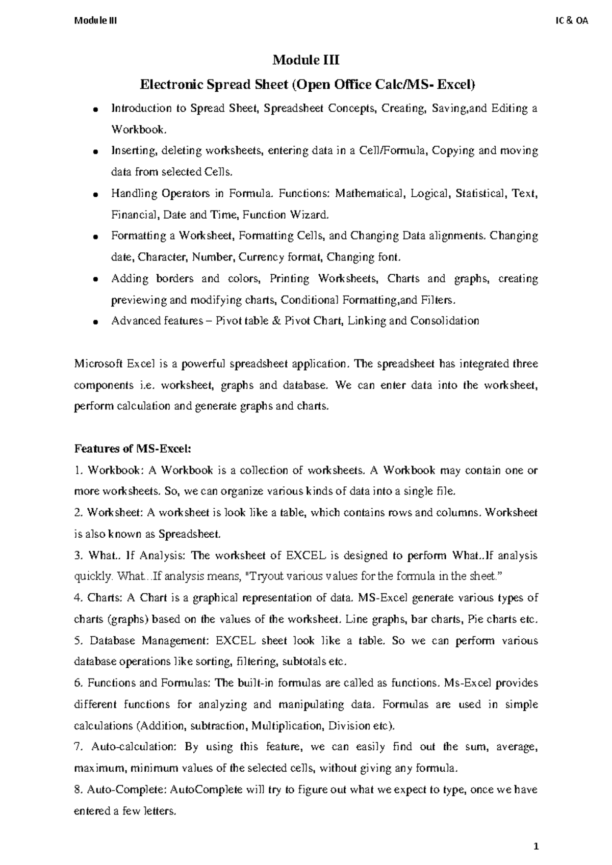 Module IC OA - Comprehensive Guide to Electronic Spreadsheets in Excel ...