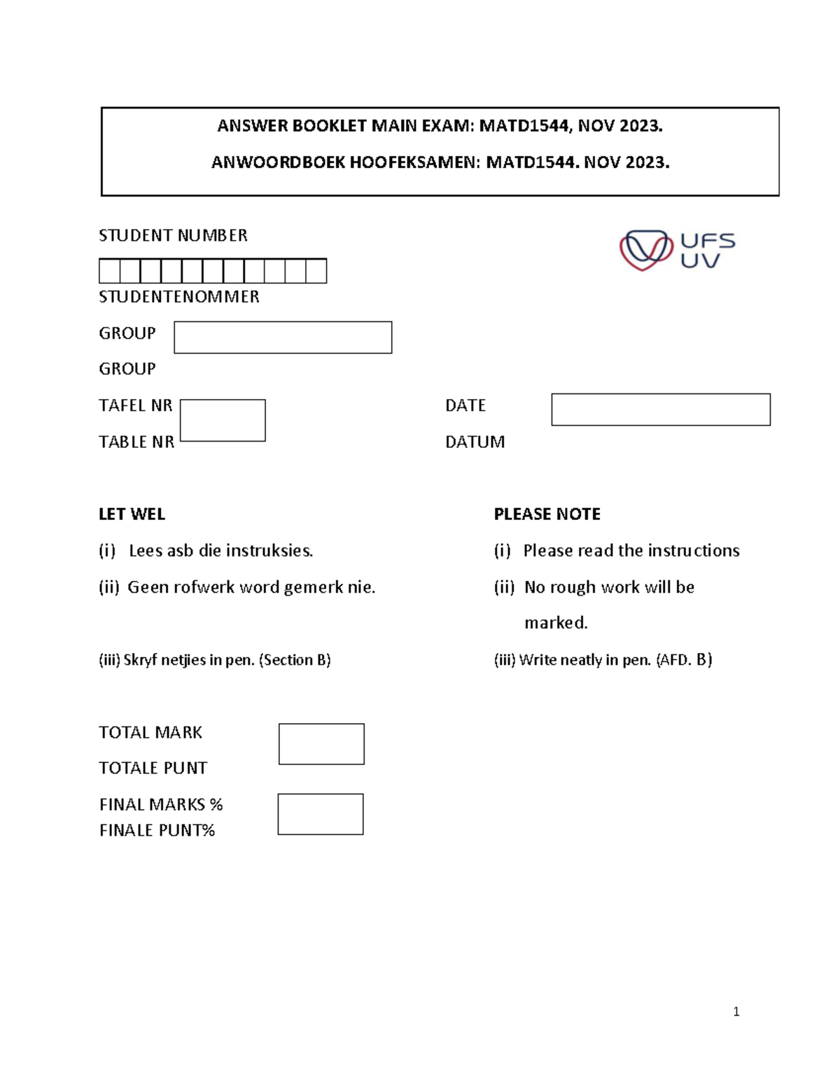 MATD1544 FINAL EXAM ANSWER BOOKLET NOV 2023 - Studocu
