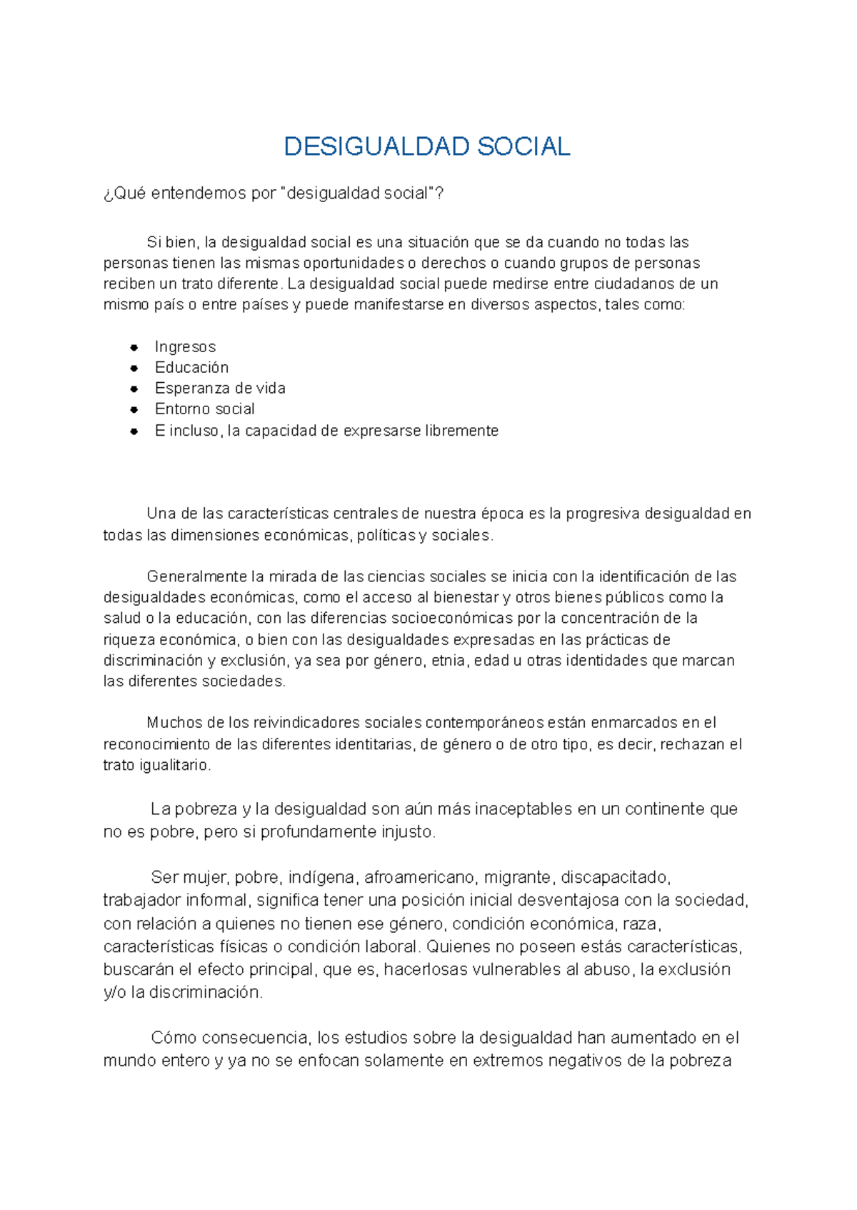 Entendiendo la Desigualdad Social: Dimensiones y Consecuencias - Studocu
