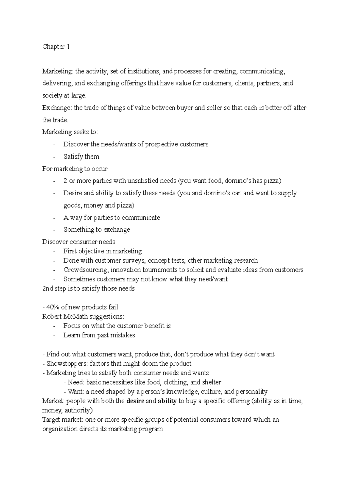 MKTG 3104 Chapter 1 Notes: Introduction to Marketing Concepts - Studocu