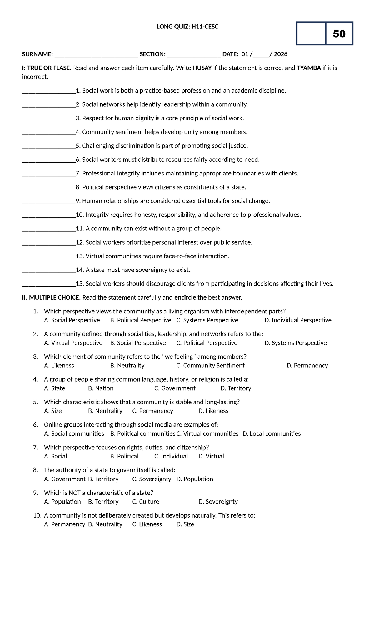 CESC Final LONG QUIZ: True/False & Multiple Choice Questions - Studocu