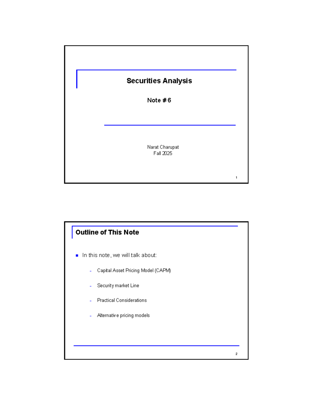 Securities Analysis Note 6: CAPM and Market Portfolio Insights Fall ...