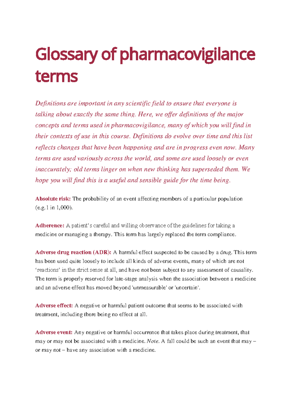 Pharmacovigilance Terms Glossary: Key Definitions and Concepts - Studocu
