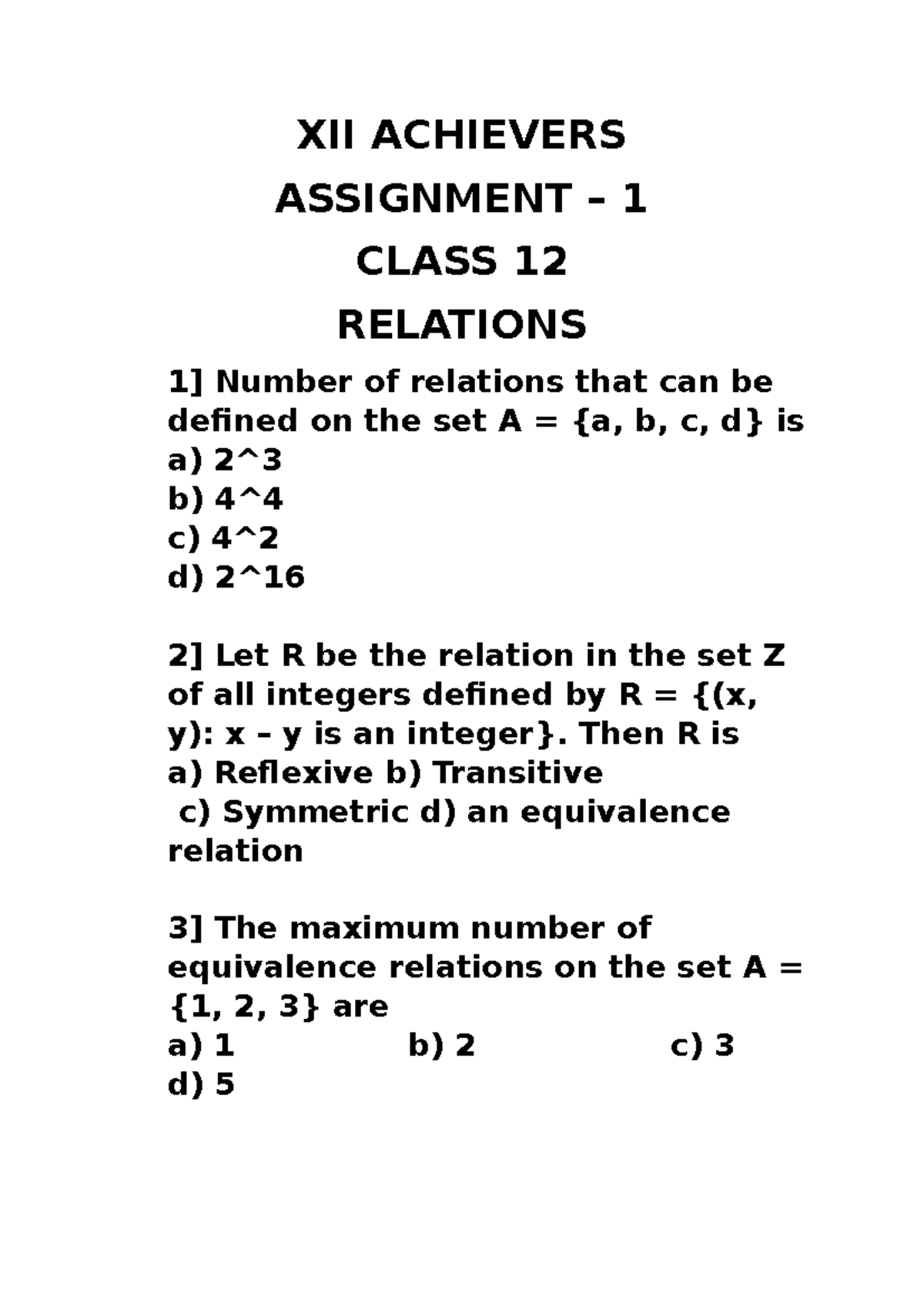 XII Class 12 Relations Assignment 1: Equivalence Relations and ...