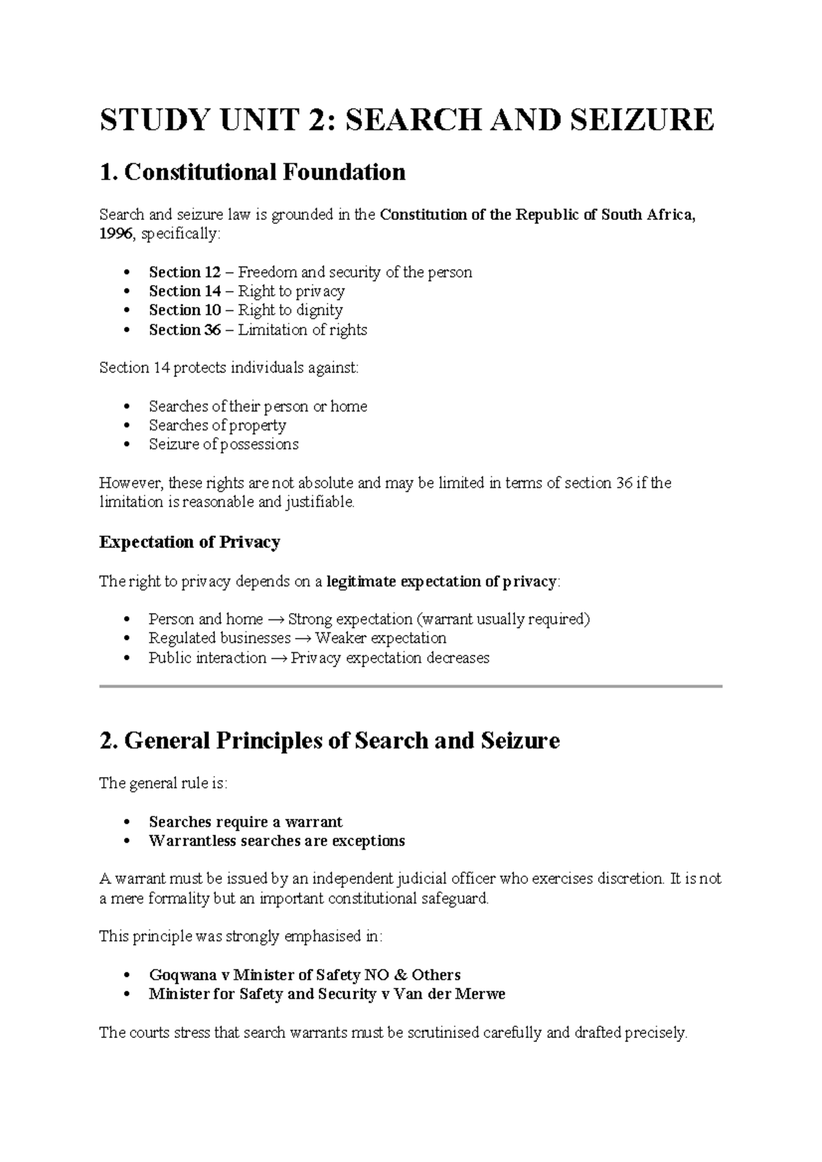 Study Unit 2: Summaries on Search and Seizure Law - Studocu