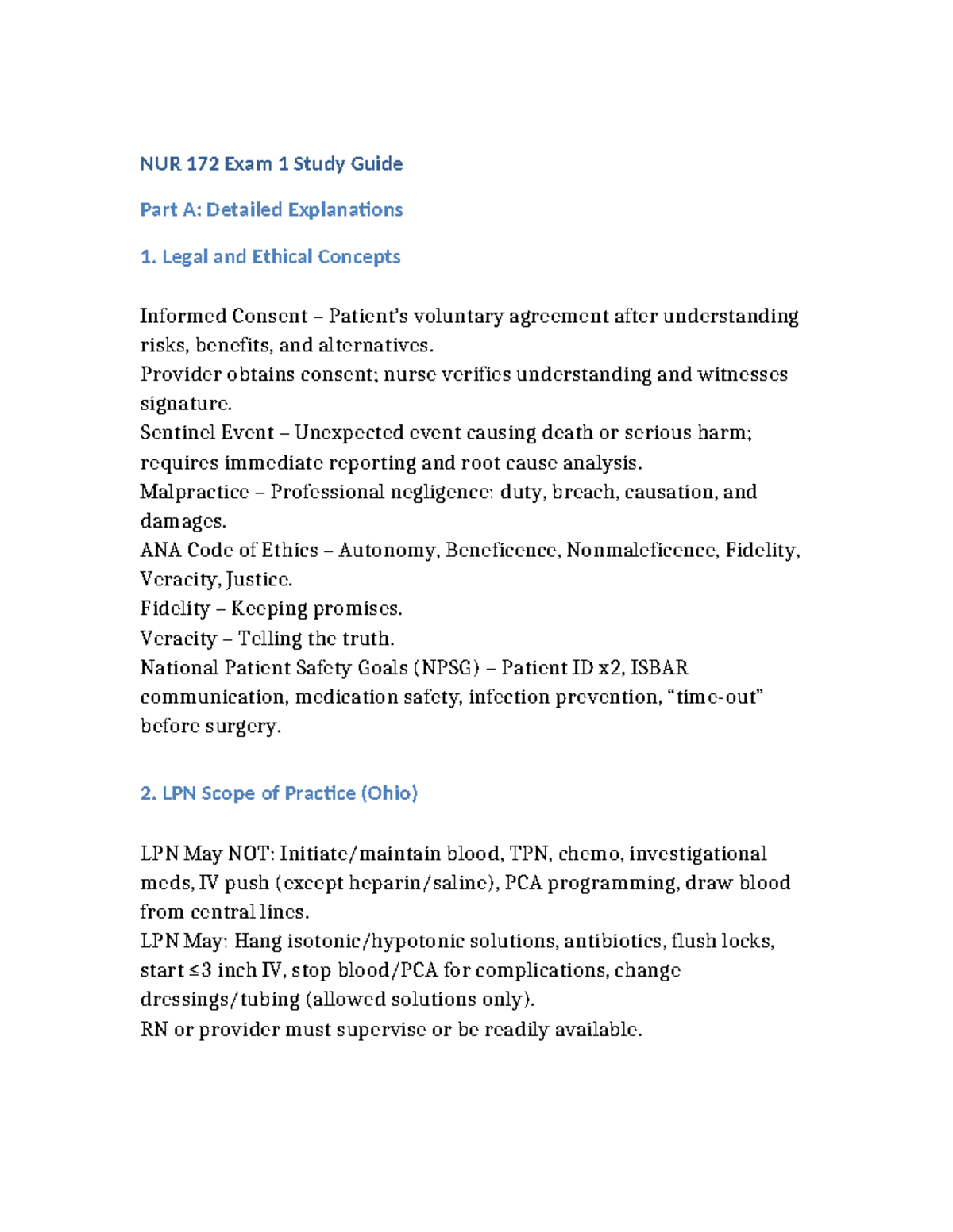 NUR 172 Exam 1 Study Guide Part A: Legal, Ethical, and Clinical ...