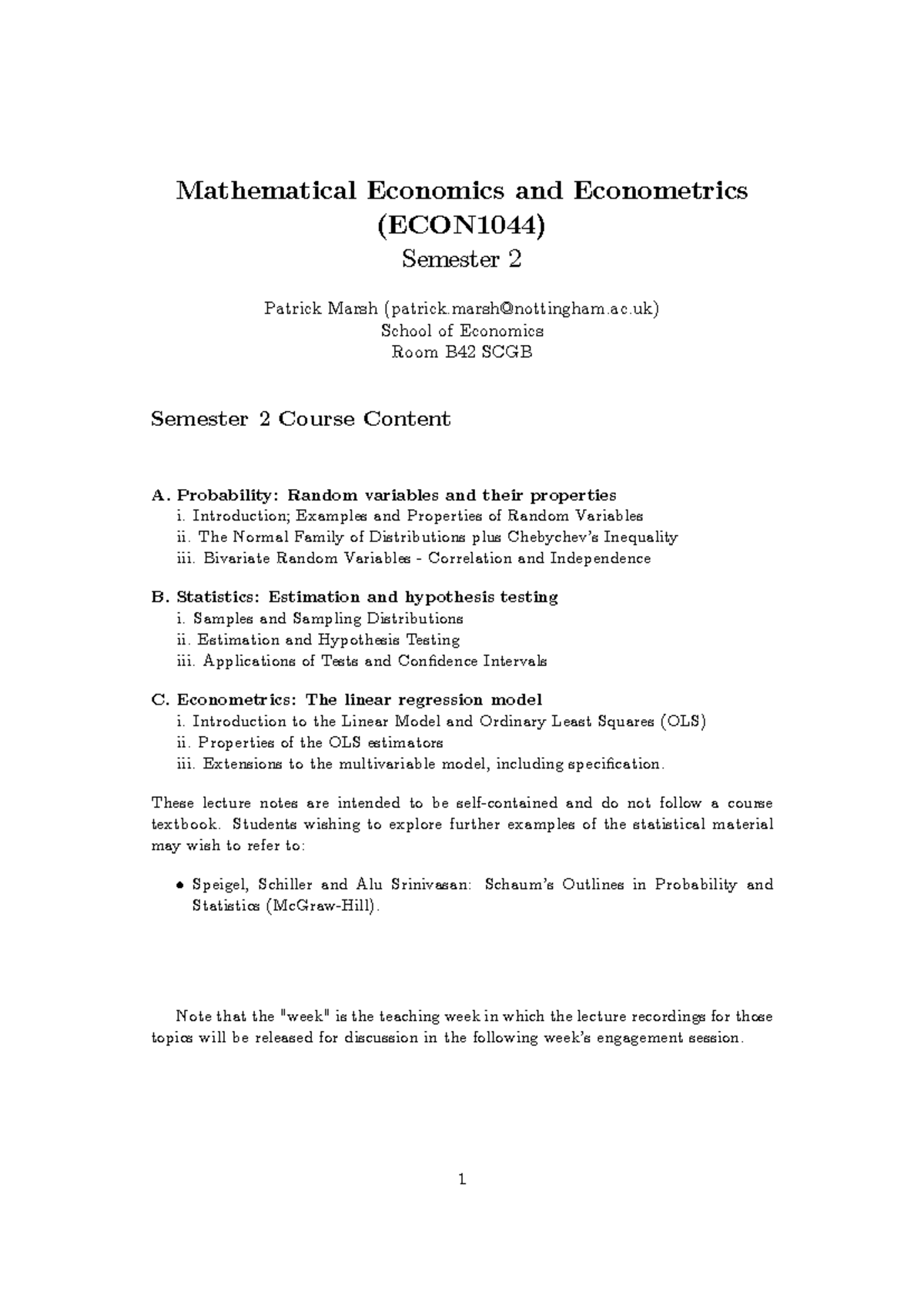 ECON1044 Semester 2 Mathematical Economics & Econometrics Notes - Studocu