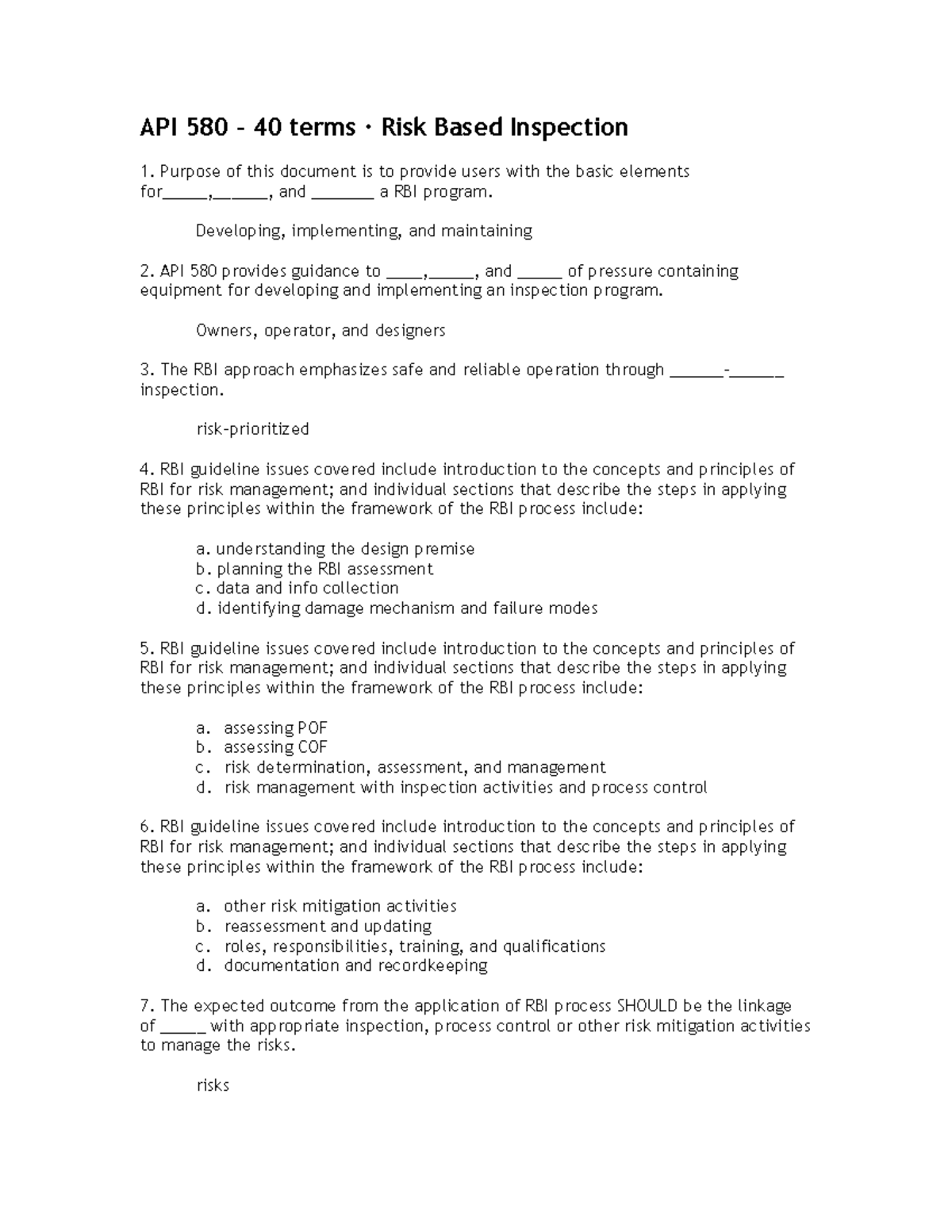 Api 580 40 Terms · Risk Based Inspection - API 580 - 40 terms · Risk ...
