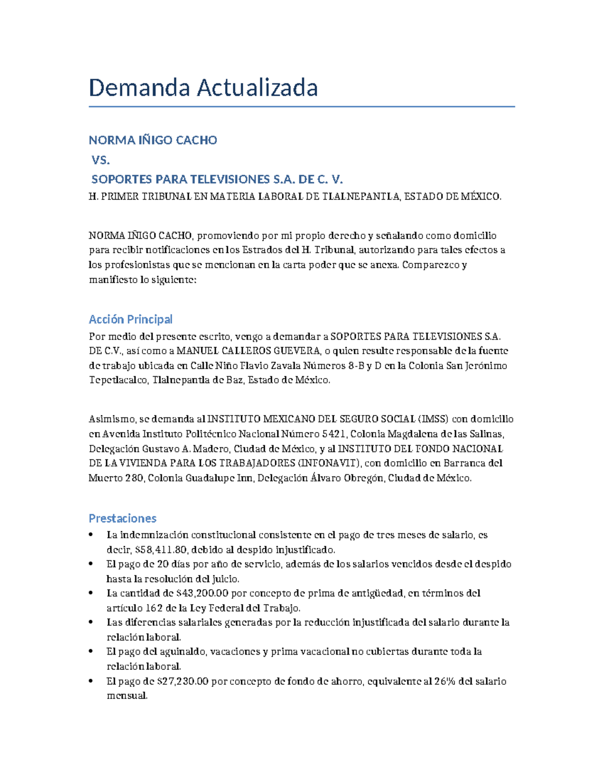 Demanda Actualizada - Demanda Actualizada NORMA IÑIGO CACHO VS ...
