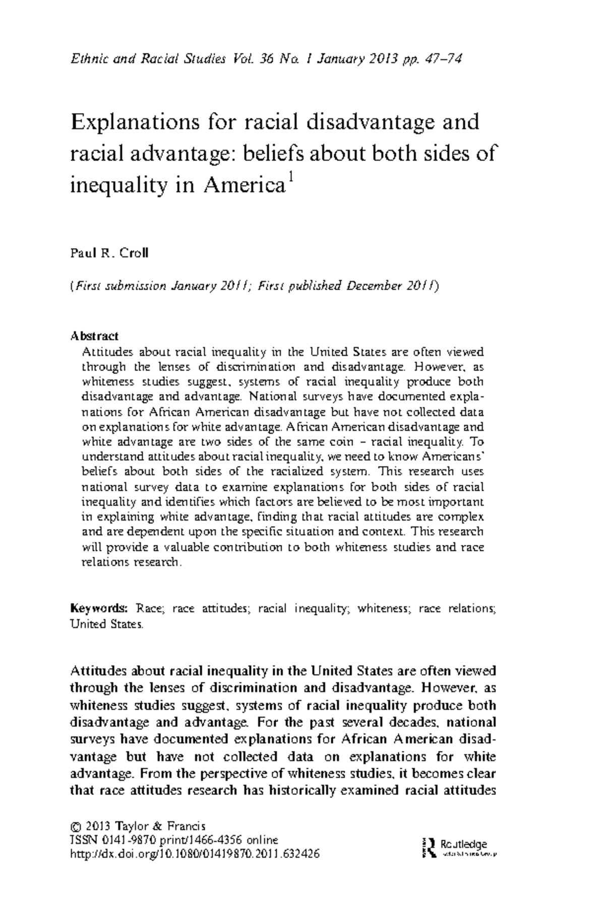 Explanations for Racial Disadvantage and Advantage in America - Studocu