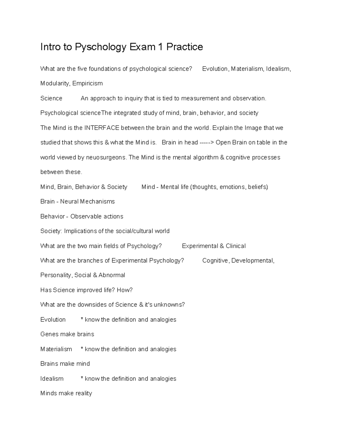 Intro to Psychology Exam 1 Practice Questions & Key Concepts - Studocu