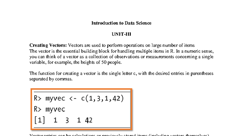 IDS UNIT-III: Introduction to Data Science - Vectors and Data Frames ...