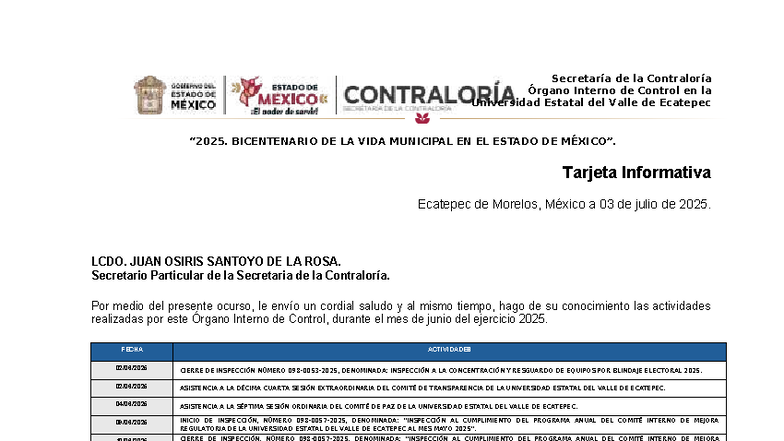 Informe de Actividades de Control Interno - Junio 2025 - UNEVE - Studocu