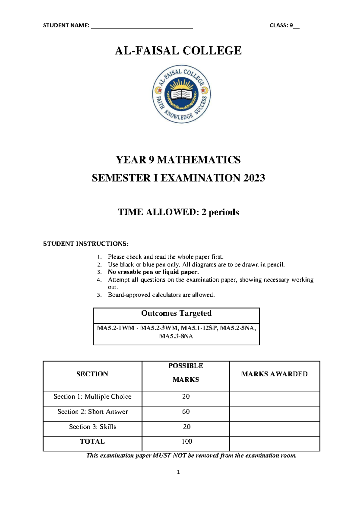 2023 YR 9 Maths Semester 1 Exam Paper - Full Details - Studocu