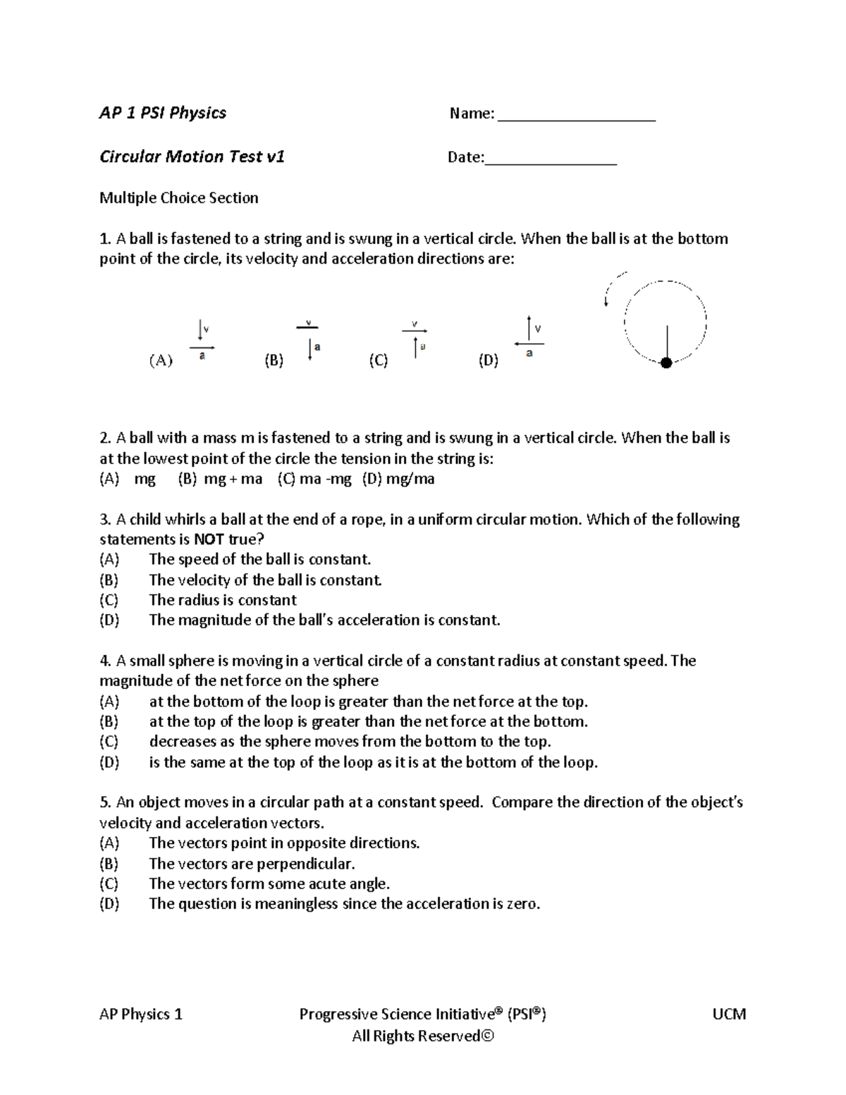 AP 1 PSI Physics Circular Motion Test v1 - Multiple Choice & Free ...