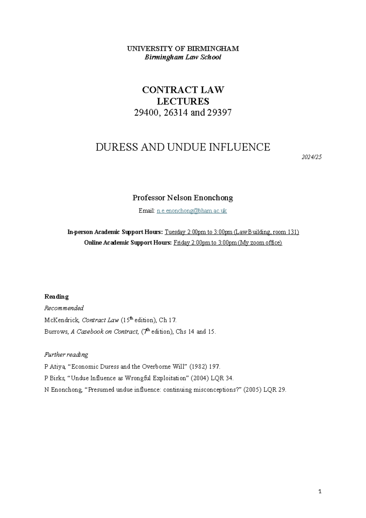 Contract Law Lecture Outline: Duress and Undue Influence (29400, 26314 ...