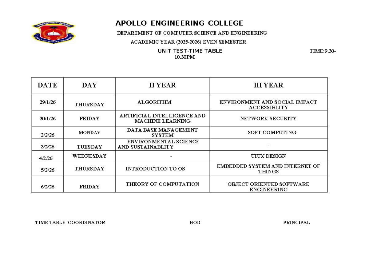 Even Sem II Year Unit Test Time Table - APOLLO ENG COLLEGE - Studocu