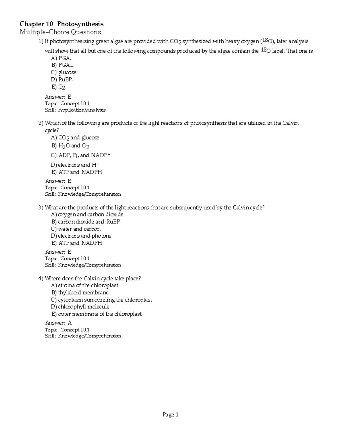 Photosynthesis Practice Quiz (Chapter 10) with Answer Key - Studocu