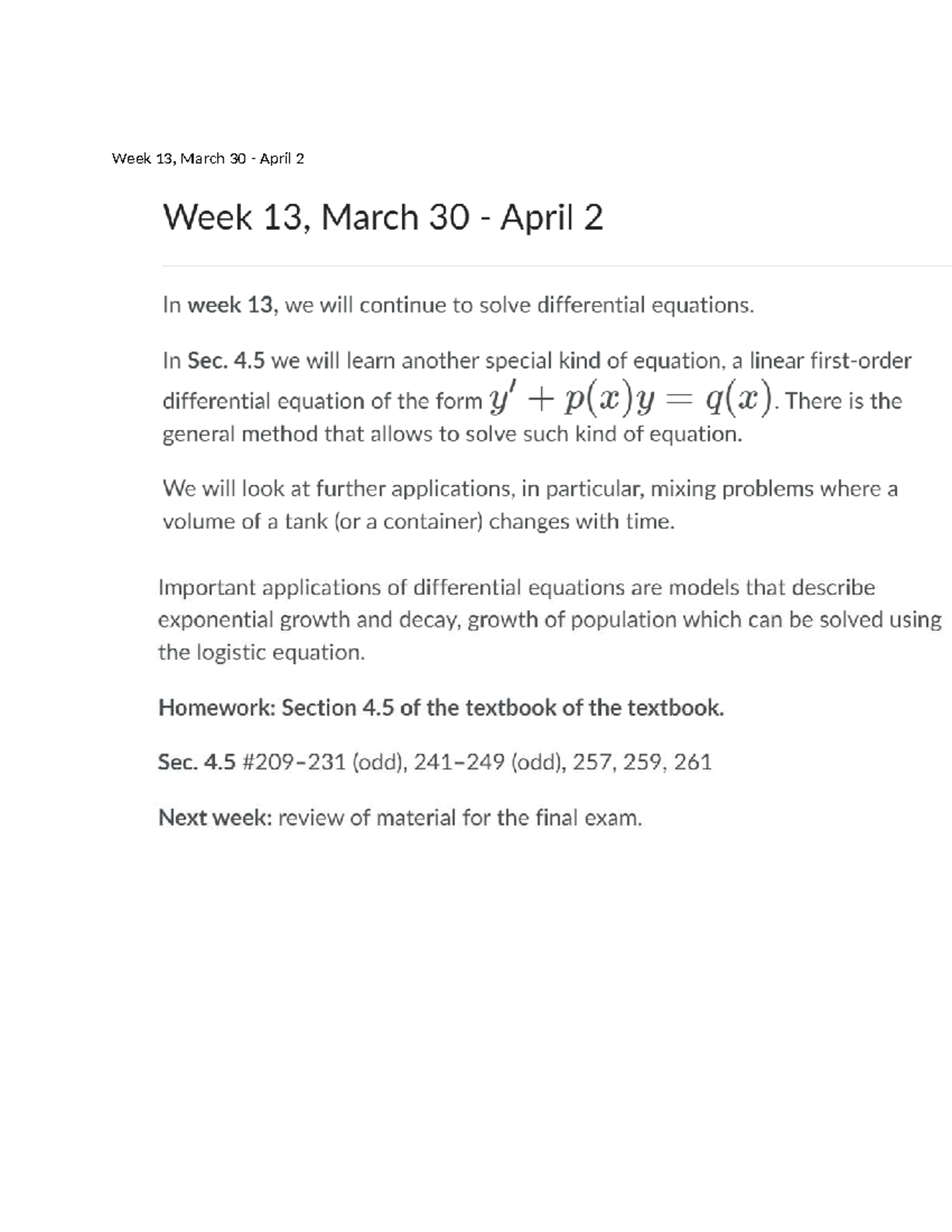 Math 101: Week 13 Lecture Notes on Differential Equations - Studocu