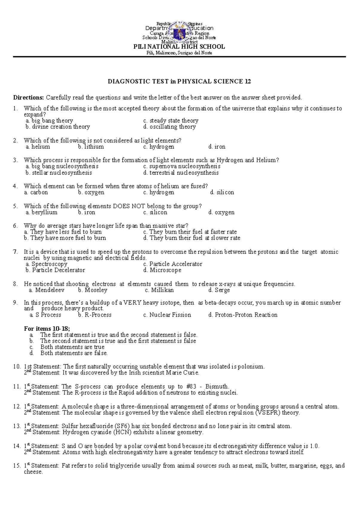 Diagnostic Test in PHYSICAL SCIENCE 12: Comprehensive Review - Studocu