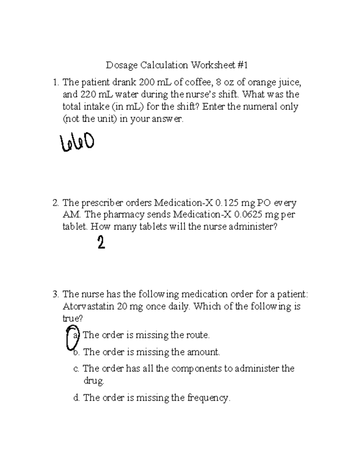 Dosage Calculation Worksheet 1: Comprehensive Practice Problems - Studocu