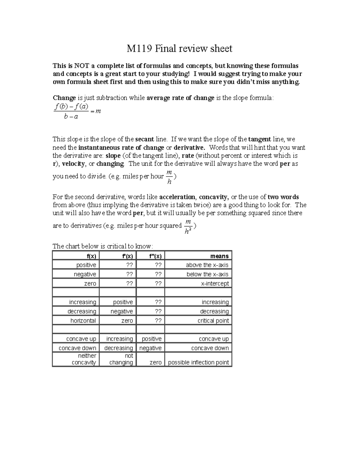 M119 Final Review Sheet: Key Formulas and Concepts for Exam - Studocu