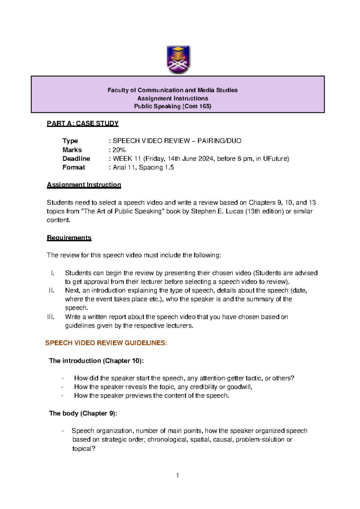 Com 16 5 Speech Video Review Assignment Instructions & Guidelines - Studocu
