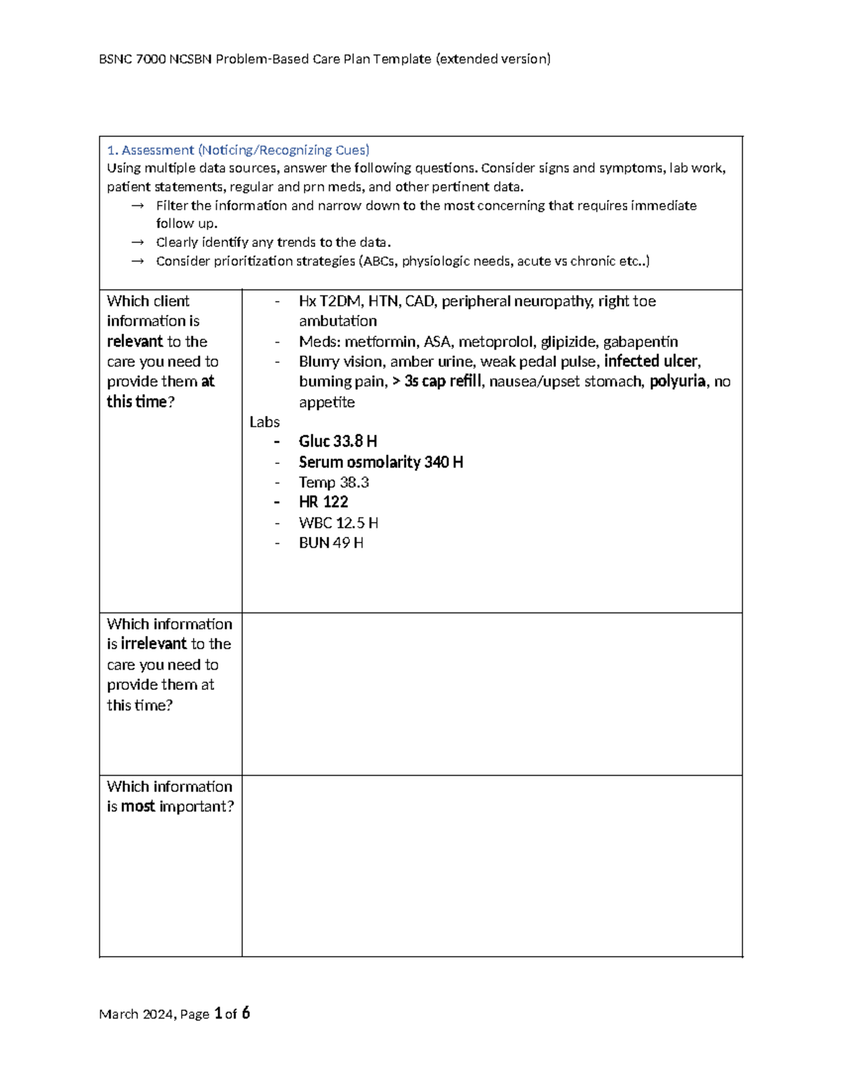 BSNC NCSBN Care Plan Template: Case Study Analysis and Interventions ...