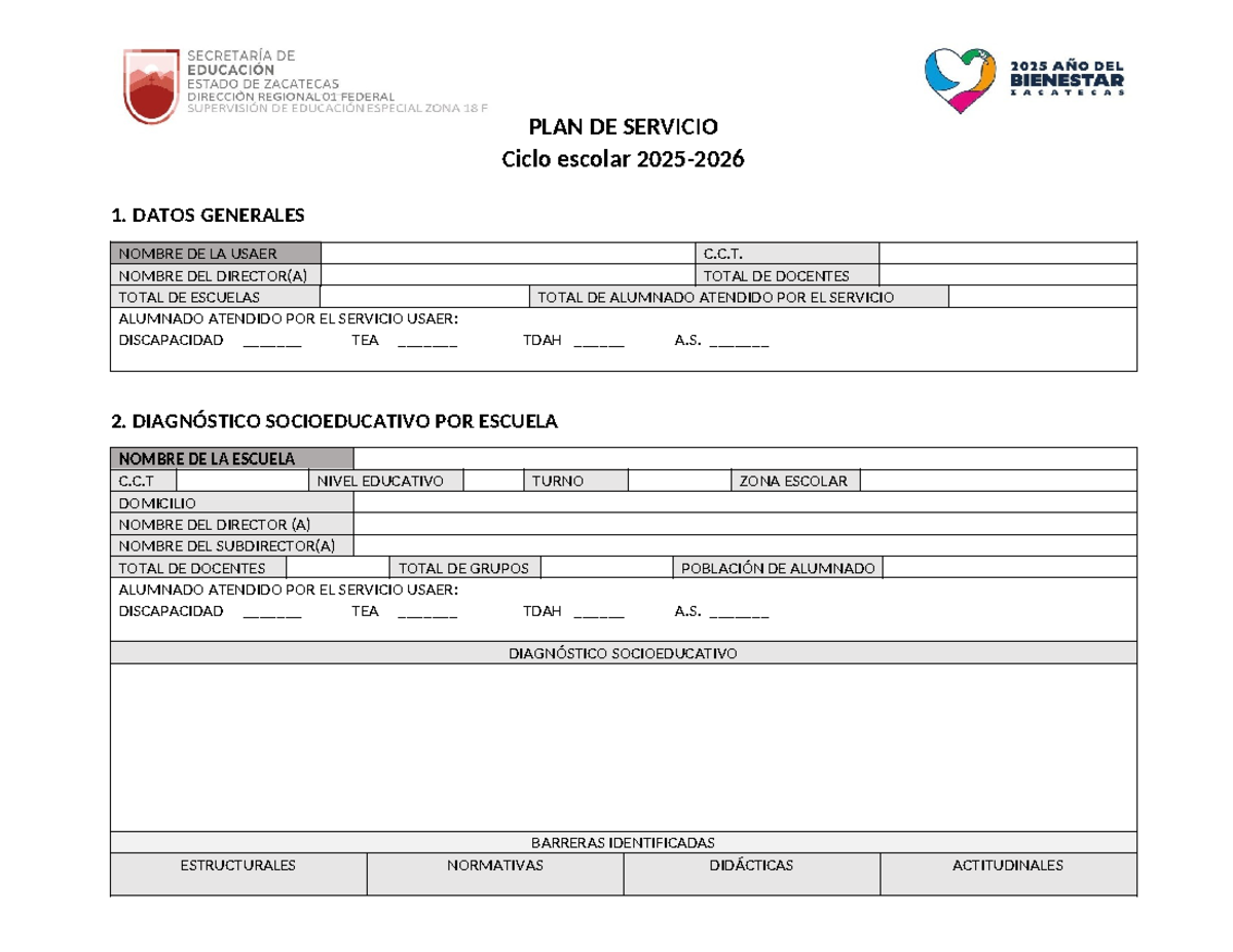 PLAN DE SERVICIO USAER 2025-2026 - ZONA 18 - Document Preview