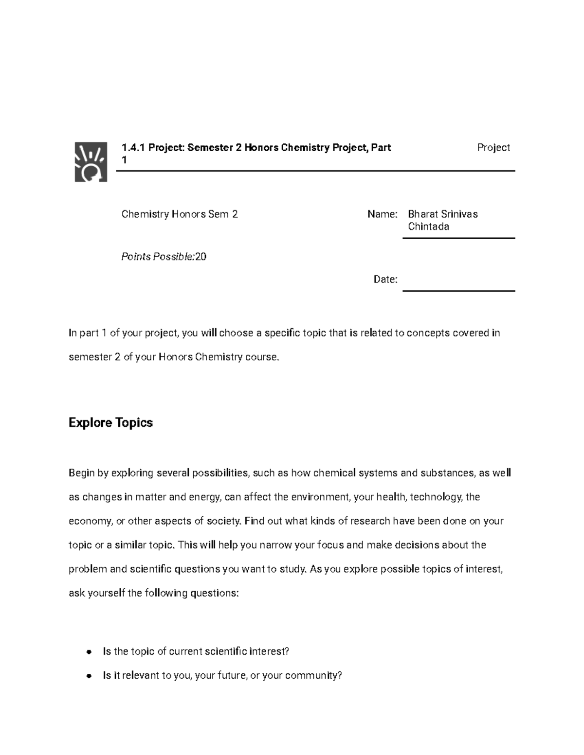 1.4.1 Project: Semester 2 Honors Chemistry Project Overview, Part 1 ...