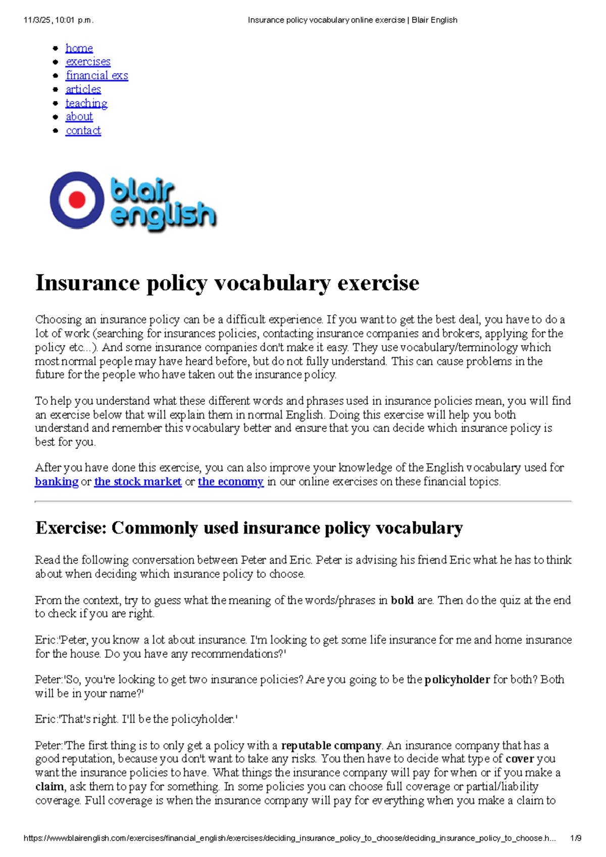 Insurance Policy Vocabulary Exercise - Blair English Online - Studocu