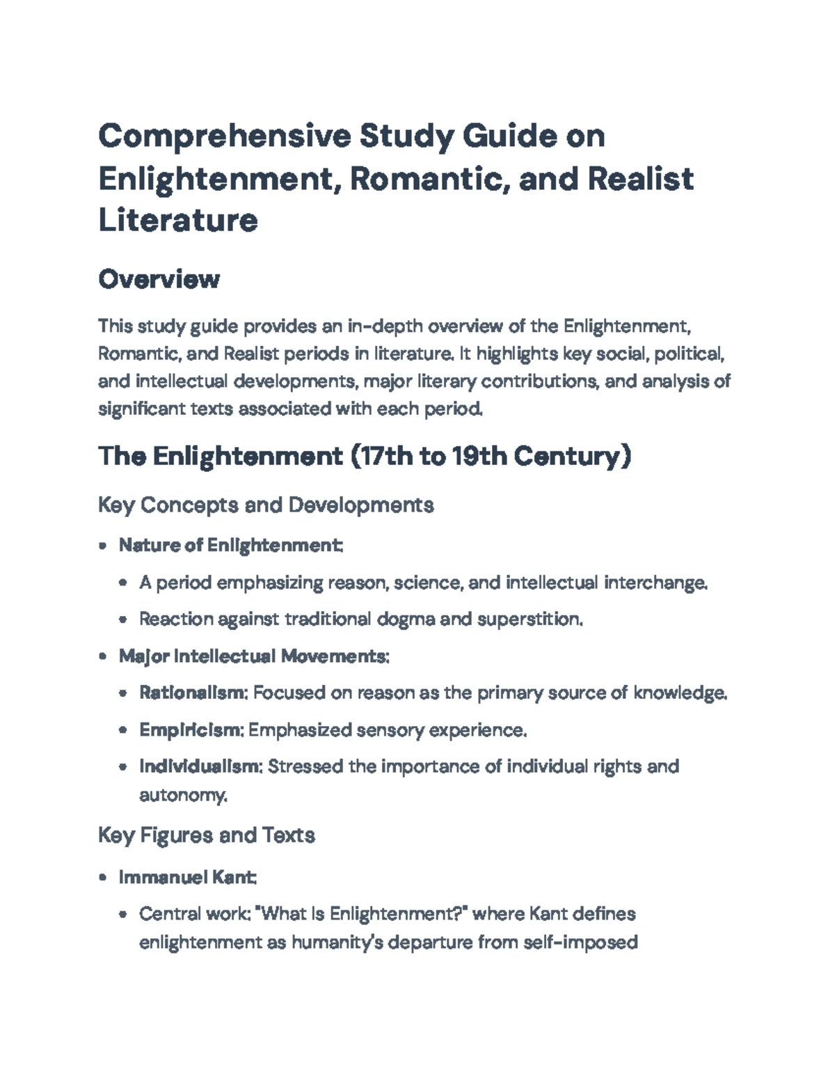 Study Guide on Enlightenment, Romantic, and Realist Literature (ENG101 ...