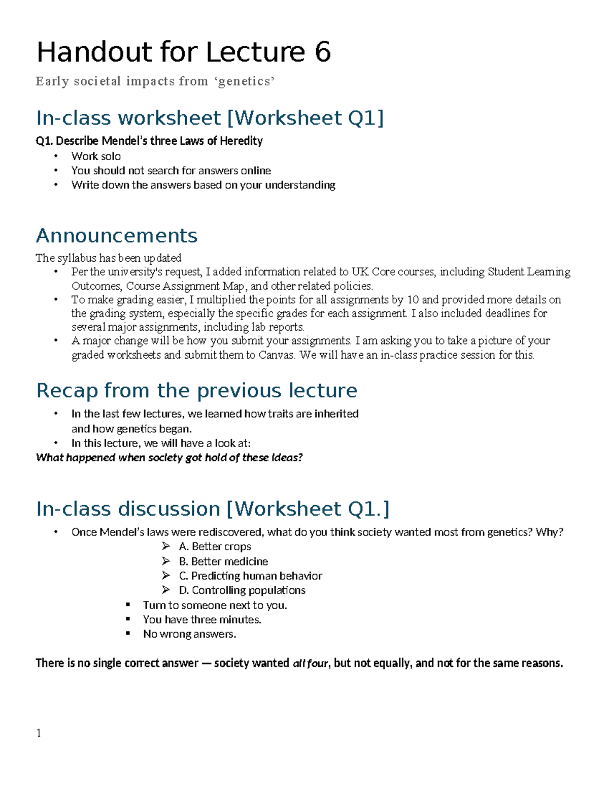 Lecture 6 Handout: Early Societal Impacts of Heredity and Eugenics ...