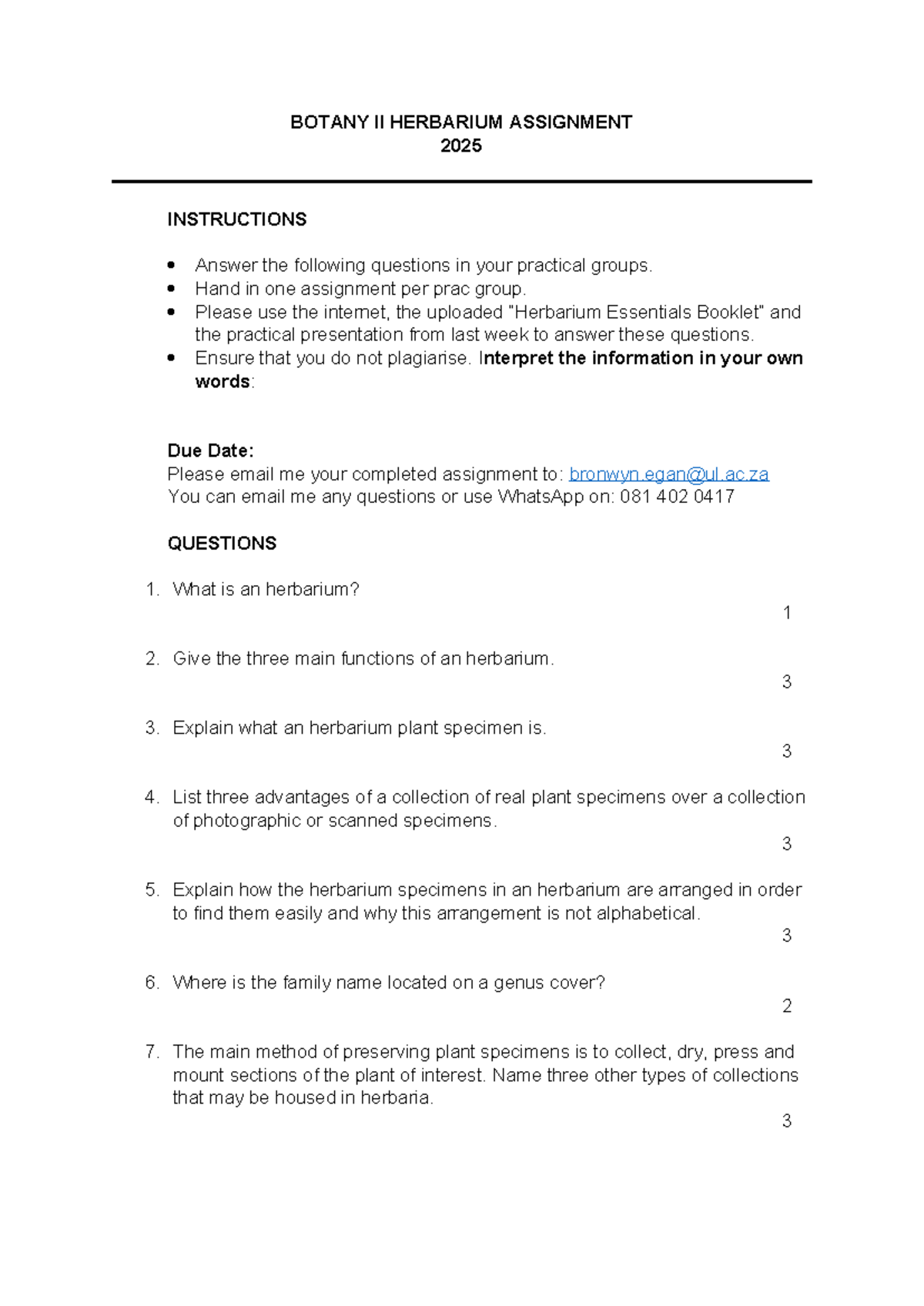 BOTANY II HERBARIUM ASSIGNMENT 2025: Practical Group Instructions - Studocu