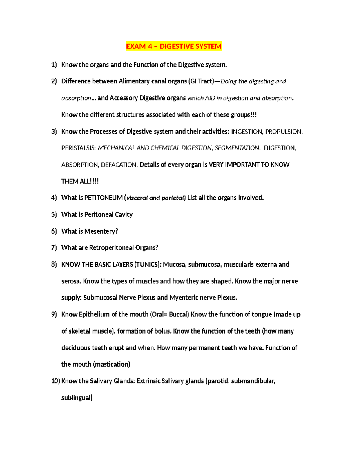 EXAM 4 – DIGESTIVE SYSTEM: Key Concepts and Structures Review - EXAM 4 ...