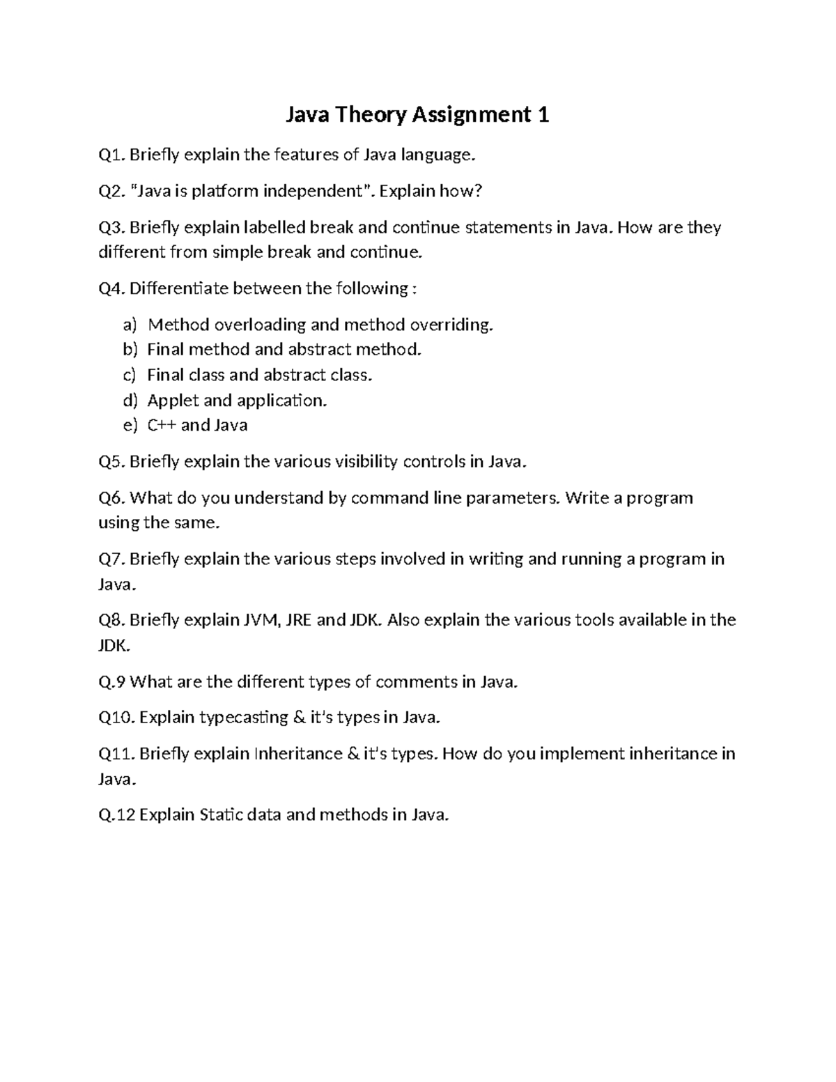 Java Theory Assignment 1: Key Concepts and Features Explained - Studocu