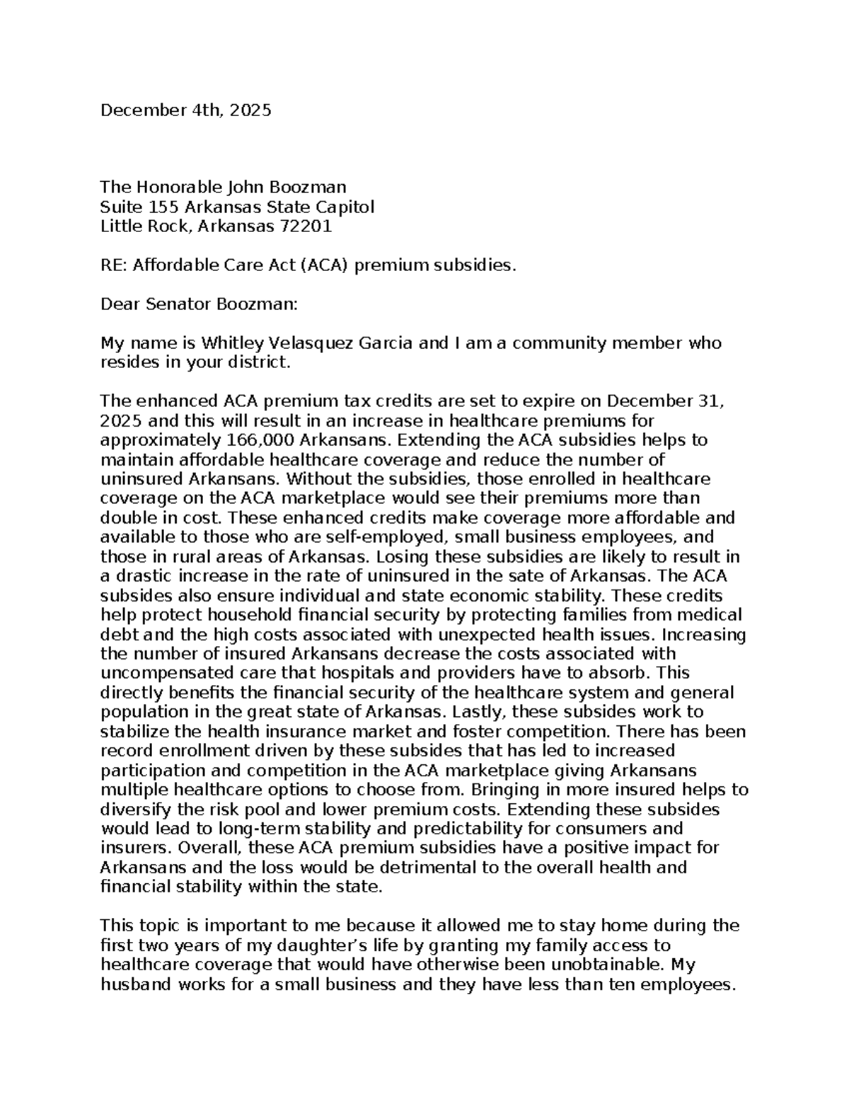 Letter to Senator Boozman on ACA Premium Subsidies - Studocu