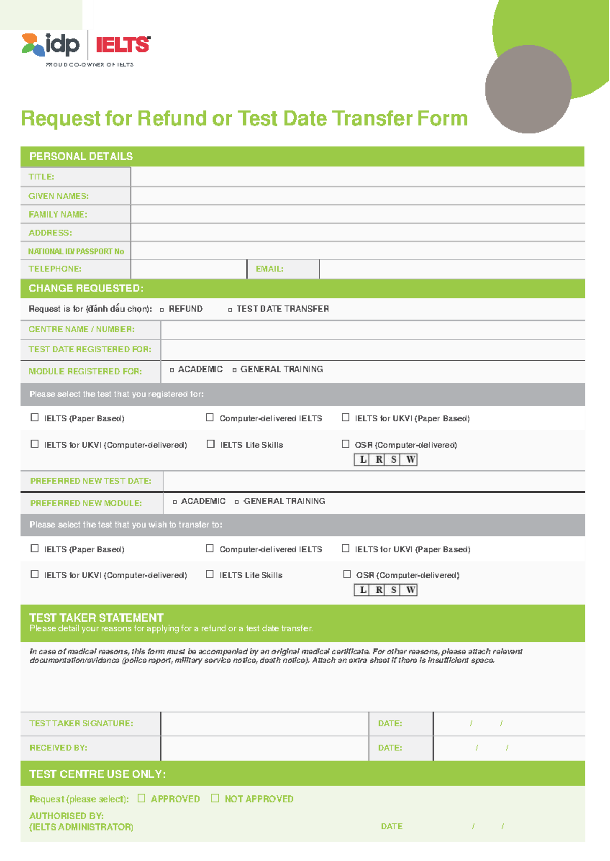 IELTS Refund/Test Date Transfer Form OSR - Request Process - Studocu