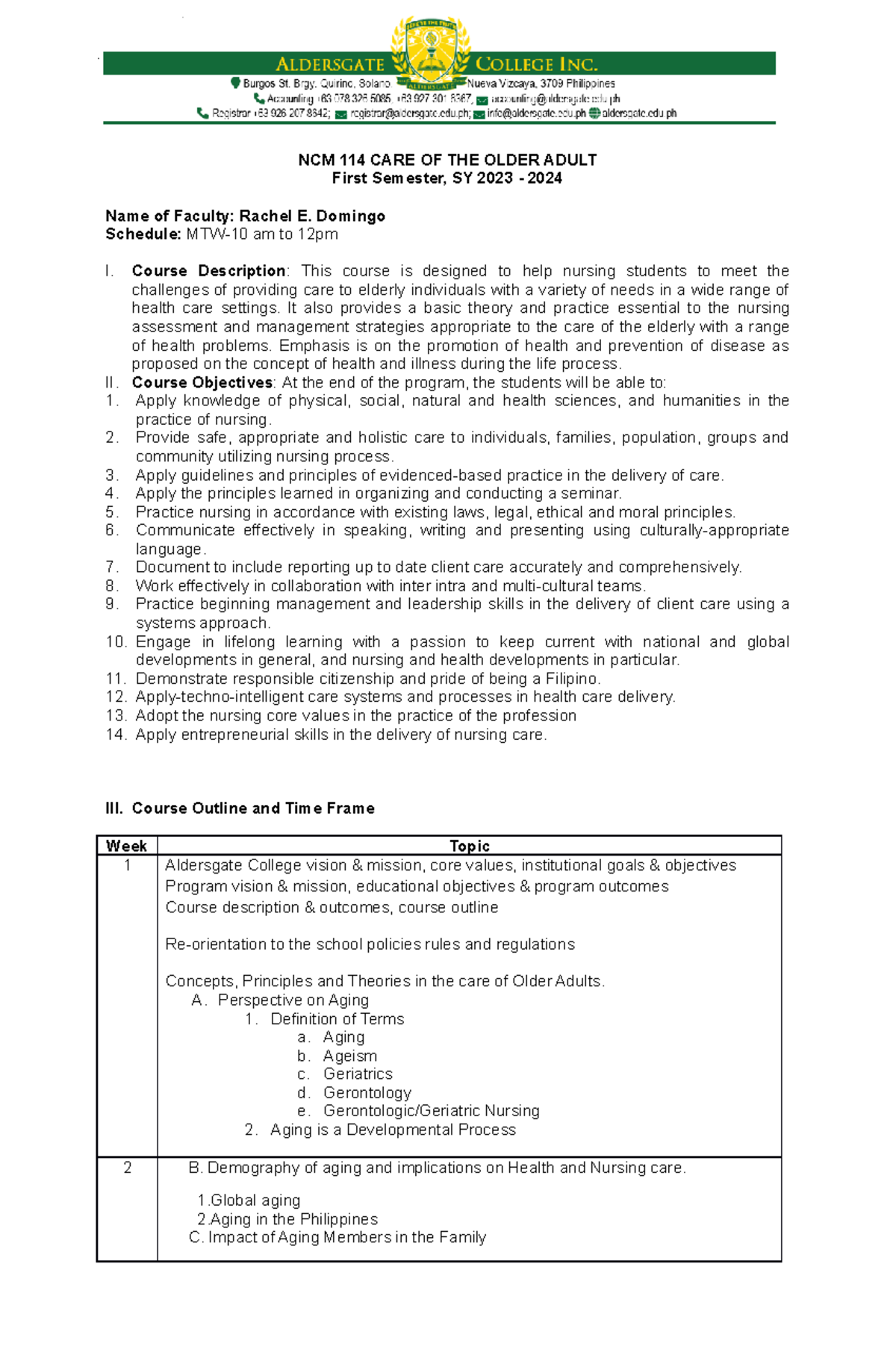 NCM 114 Course Outline: Care of the Older Adult (SY 2023-2024) - Studocu